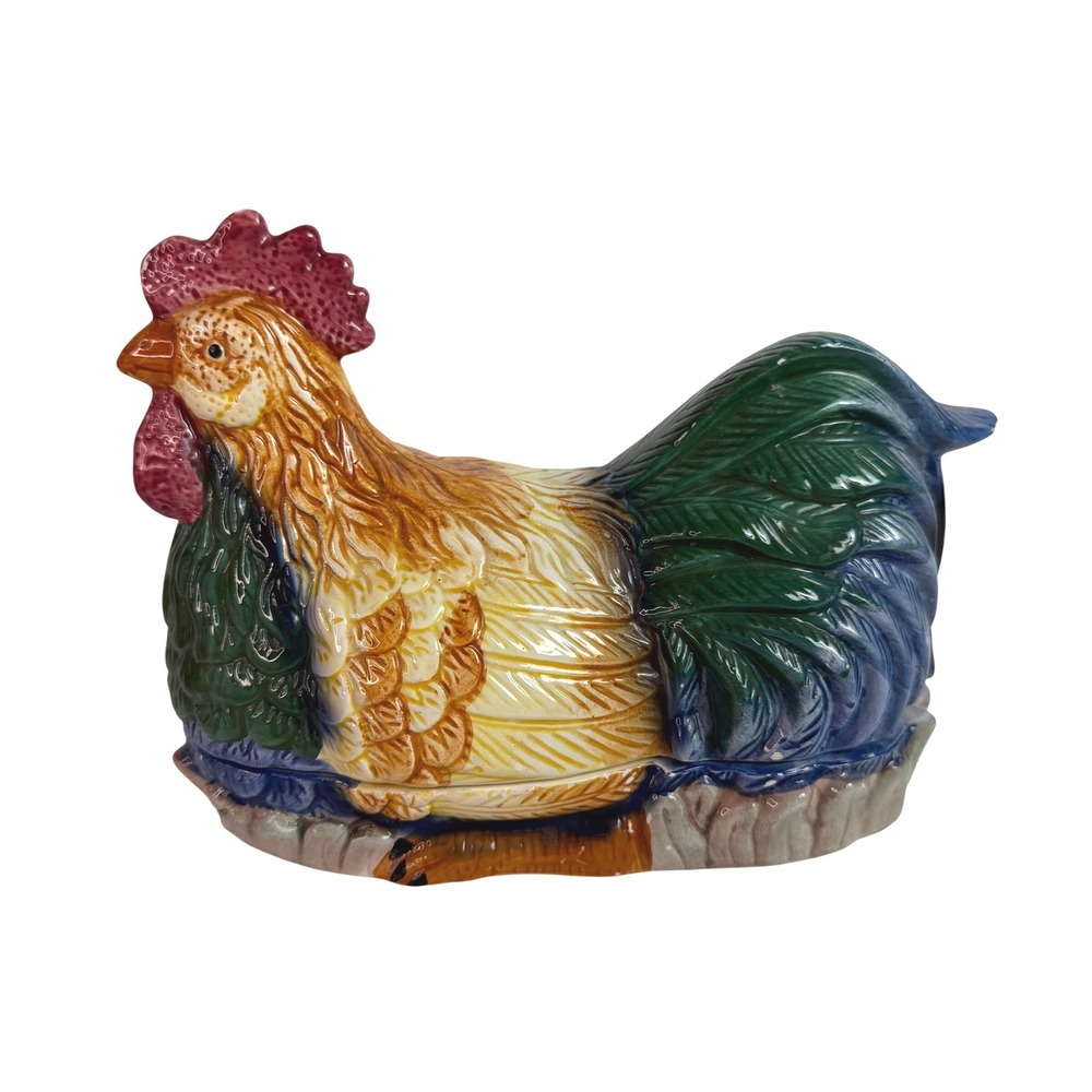 1996 Cracker Barrel Rooster Hen on Nest Jar Ceramic Chicken Cookie Container
